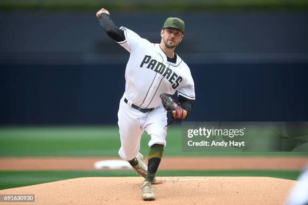 Jarred Cosart of the San Diego Padres pitches during the game against the Chicago Cubs at Petco Park on May 29, 2017 in San Diego, California.