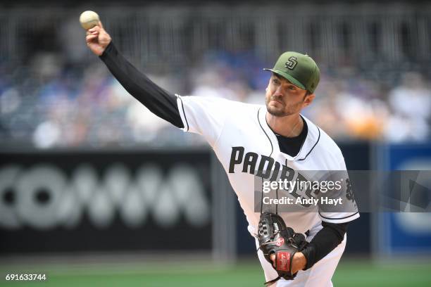 Jarred Cosart of the San Diego Padres pitches during the game against the Chicago Cubs at Petco Park on May 29, 2017 in San Diego, California.