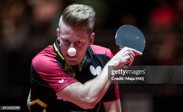 Ruwen Filus of Germany competes during Men's Singles quarterfinals at Table Tennis World Championship at Messe Duesseldorf on June 2, 2017 in...