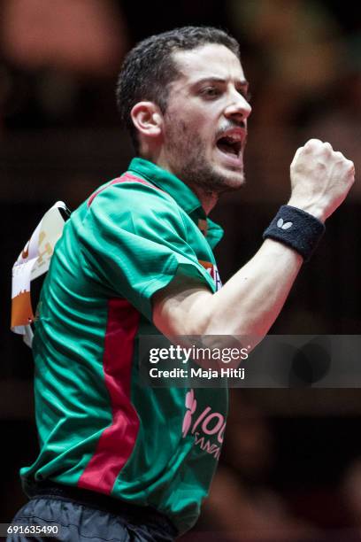 Marcos Freitas of Portugal celebrates during Men's Singles quarterfinals at Table Tennis World Championship at Messe Duesseldorf on June 2, 2017 in...