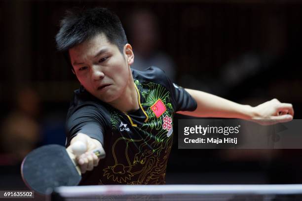Zhendong Fan Freitas of China competes during Men's Singles quarterfinals at Table Tennis World Championship at Messe Duesseldorf on June 2, 2017 in...