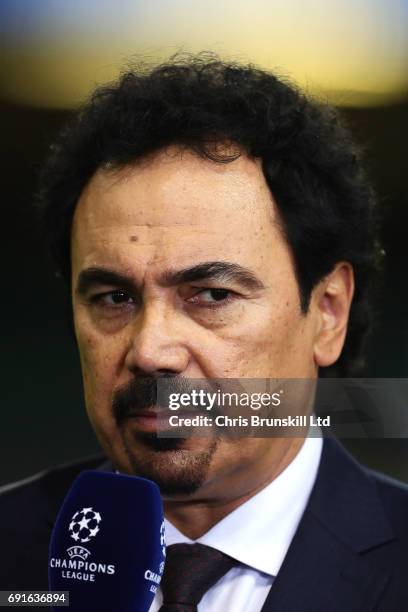 Hugo Sanchez speaks to the media during a Real Madrid training session ahead of the UEFA Champions League Final at the National Stadium of Wales on...