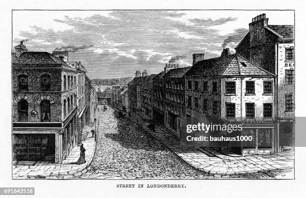 street in londonderry, derry, donegal, northern ireland, victorian engraving, 1840 - city cobblestone stock illustrations