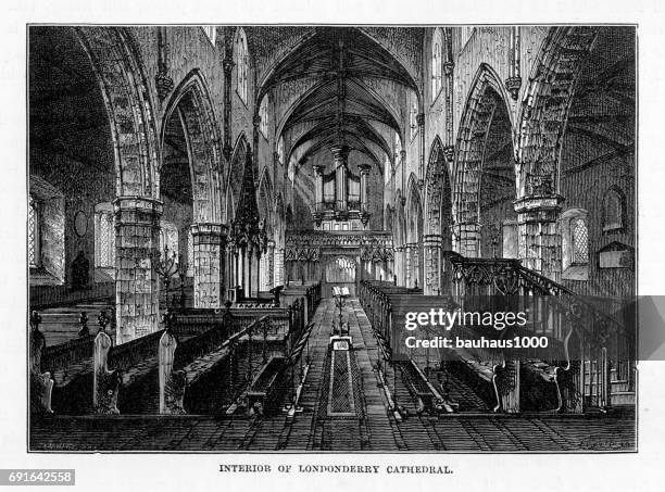 londonderry cathedral, londonderry, derry, donegal, northern ireland, victorian engraving, 1840 - derry township stock illustrations