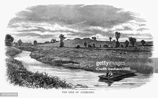 illustrations, cliparts, dessins animés et icônes de isle d’athelney, sedgemoor, somerset, l’angleterre victorienne gravure, 1840 - fishing village