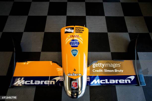 101st Indianapolis 500 Preview: Closeup of front tip of car of Fernando Alonso during practice session at Indianapolis Motor Speedway. Equipment....