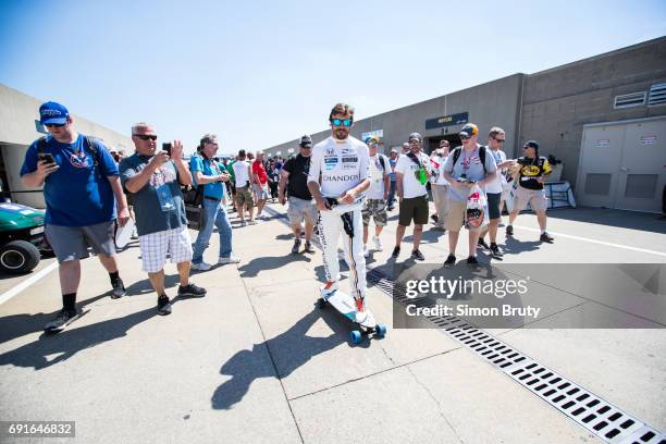 101st Indianapolis 500 Preview: Fernando Alonso riding skateboard during practice session at Indianapolis Motor Speedway. Indianapolis, IN 5/15/2017...