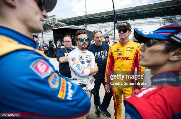 101st Indianapolis 500 Preview: Fernando Alonso with Ryan Hunter-Reay during practice session at Indianapolis Motor Speedway. Indianapolis, IN...