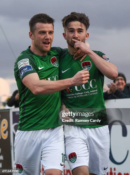 Louth , Ireland - 2 June 2017; Sean Maguire of Cork City celebrates after scoring his side's third goal of the game with Steven Beattie, left, during...