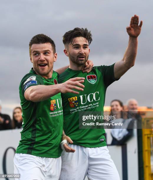 Louth , Ireland - 2 June 2017; Sean Maguire of Cork City celebrates after scoring his side's third goal of the game with Steven Beattie, left, during...