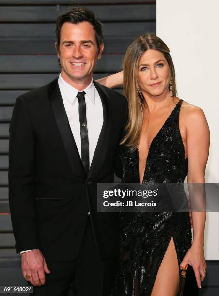 Jennifer Aniston and Justin Theroux attend the 2017 Vanity Fair Oscar Party hosted by Graydon Carter at Wallis Annenberg Center for the Performing...