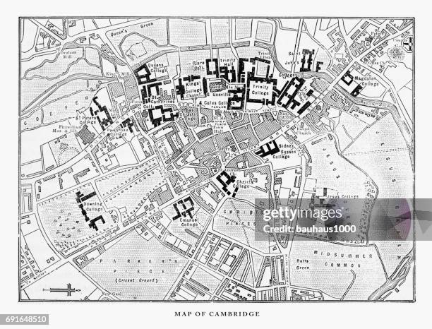 map of cambridge, cambridgeshire, england victorian engraving, 1840 - trinity-college-cambridge-university stock illustrations