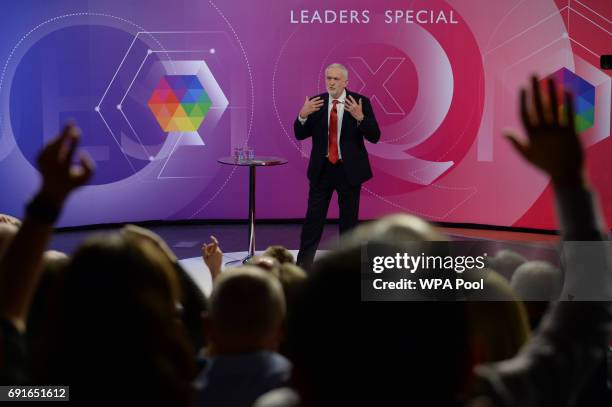 Labour Party Leader Jeremy Corbyn takes part in the BBC's Question Time programme on June 2, 2017 in York, England. Broadcaster David Dimbleby will...