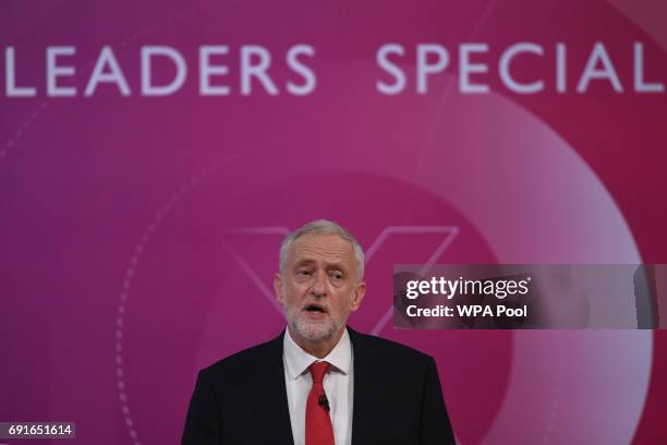 Labour Party Leader Jeremy Corbyn takes part in the BBC's Question Time programme on June 2, 2017 in York, England. Broadcaster David Dimbleby will...