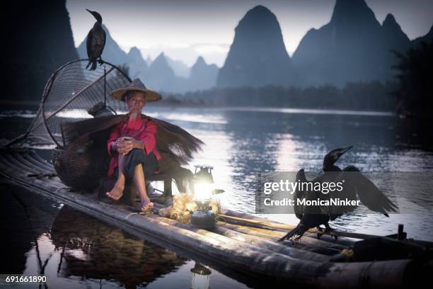 fisherman of yangshuo - cormorant stock pictures, royalty-free photos & images