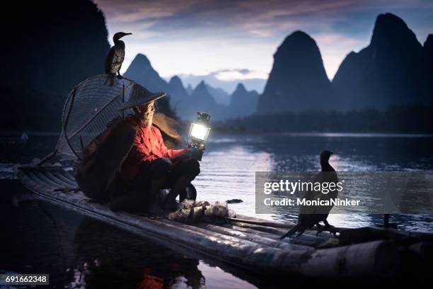 fisherman of yangshuo - cormorant stock pictures, royalty-free photos & images