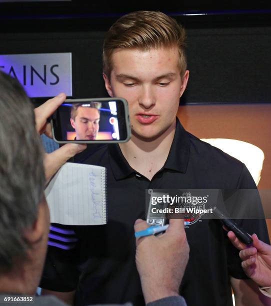 Combine Top Prospect Michael Rasmussen speaks to the media at the NHL Centennial Fan Arena Museum at KeyBank Center on June 2, 2017 in Buffalo, New...