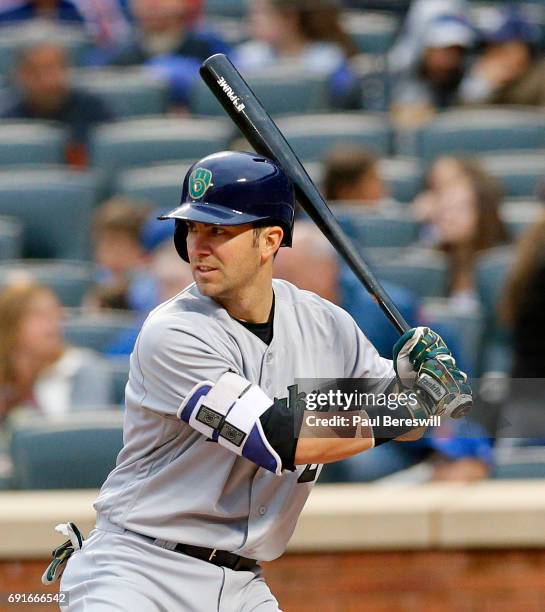 Nick Franklin of the Milwaukee Brewers bats in an MLB baseball game against the New York Mets on May 29, 2017 at CitiField in the Queens borough of...