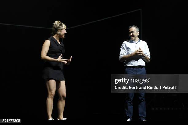 Berengere Krief and Elie Semoun perform during "Les Coquettes" Musical Show at L'Olympia on June 2, 2017 in Paris, France.