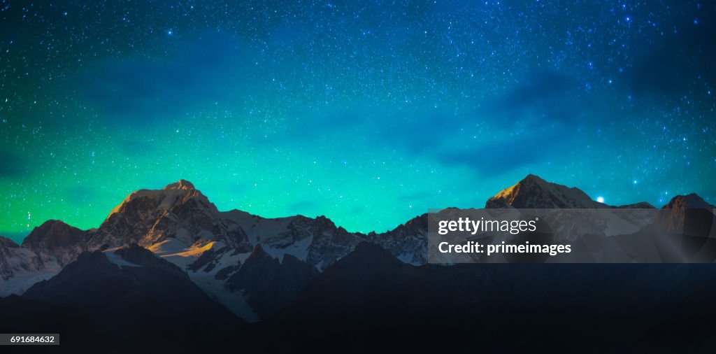 Mount Cook and Lake Matheson New Zealand with milky way