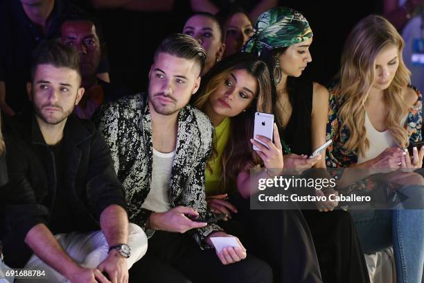 William Valdes and Clarissa Molina are seen front row at the Shantall Lacayo Show during Miami Fashion Week at Ice Palace Film Studios on June 2,...
