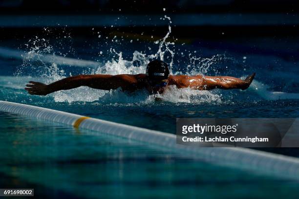 Tom Shields swims in the final of the 100m butterfly during Day 2 of the 2017 Arena Pro Swim Series Santa Clara at George F. Haines International...