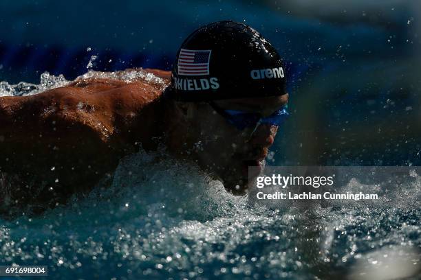 Tom Shields swims in the final of the 100m butterfly during Day 2 of the 2017 Arena Pro Swim Series Santa Clara at George F. Haines International...