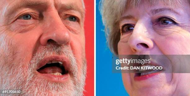 Combination of pictures created in London on May 31, 2017 shows Britain's opposition Labour party Leader Jeremy Corbyn unveiling his plans for...