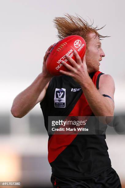 Aaron Francis of Essendon Bombers marks the ball during the round seven VFL match between Essendon and North Ballarat on June 3, 2017 in Melbourne,...