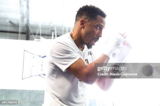 Andre Ward shadow boxes during an open media workout on June 2, 2017 in Hayward, California. Ward held a public workout in preparation for his...