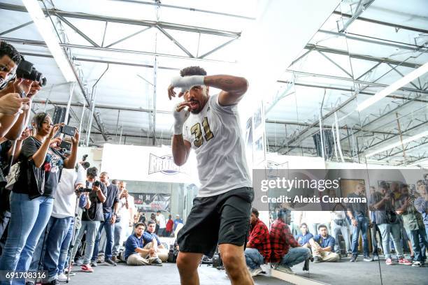 Andre Ward shadow boxes during an open media workout on June 2, 2017 in Hayward, California. Ward held a public workout in preparation for his...