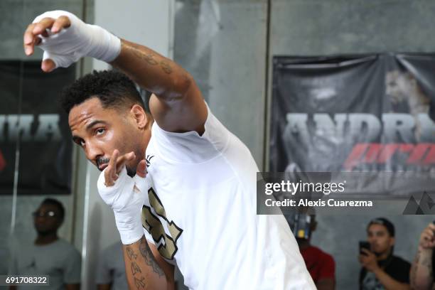 Andre Ward shadow boxes during an open media workout on June 2, 2017 in Hayward, California. Ward held a public workout in preparation for his...