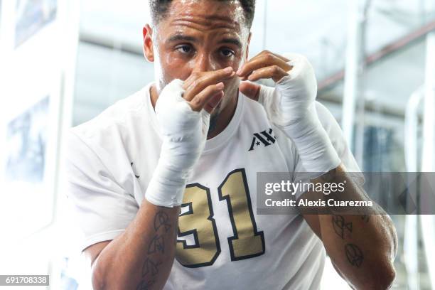 Andre Ward shadow boxes during an open media workout on June 2, 2017 in Hayward, California. Ward held a public workout in preparation for his...