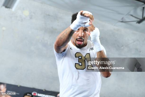 Andre Ward shadow boxes during an open media workout on June 2, 2017 in Hayward, California. Ward held a public workout in preparation for his...