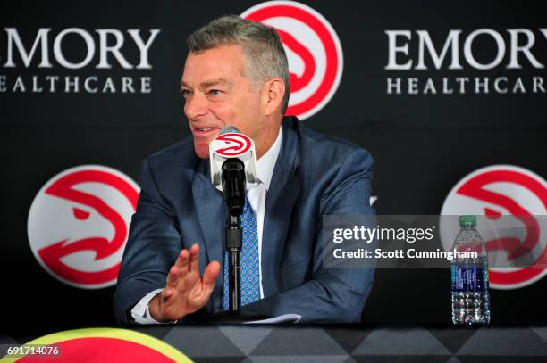 Owner Tony Ressler of the Atlanta Hawks talks to the media during a Press Conference on June 2, 2017 at Philips Arena in Atlanta, Georgia. NOTE TO...