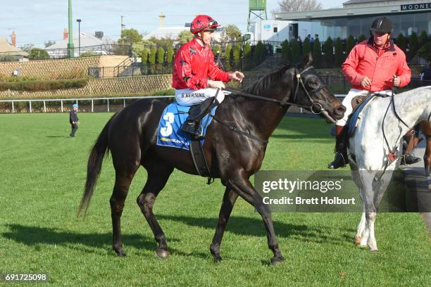 Beau Mertens returns to the mounting yard on Greviste after winning ADAPT Australia Handicap at Moonee Valley Racecourse on June 03, 2017 in Moonee...