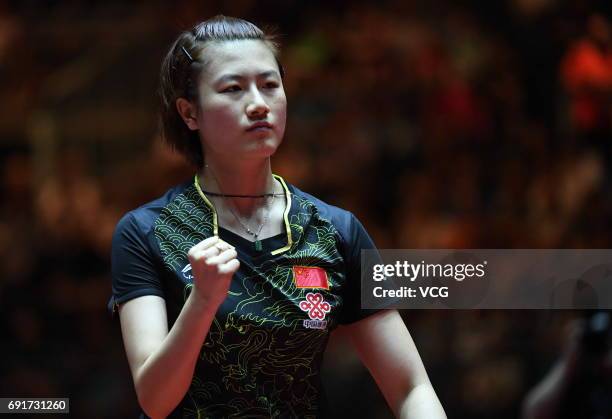 Ding Ning of China celebrates during Women's Singles quarterfinals against Japan's Kasumi Ishikawa on day 5 of World Table Tennis Championships at...