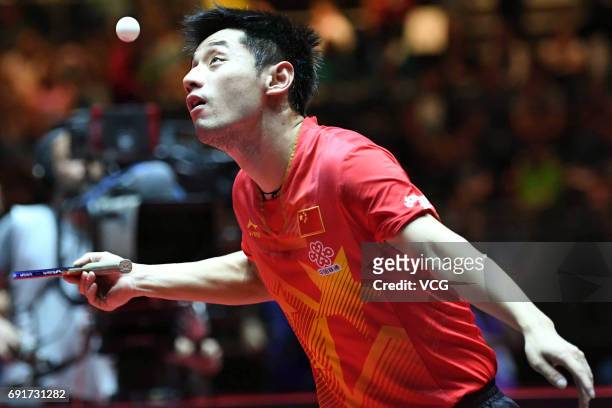 Zhang Jike of China competes during Men's Singles third round match against South Korean Lee Sangsu on day 5 of World Table Tennis Championships at...