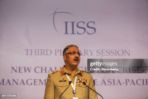 Zubair Mahmood Hayat, chairman of the Pakistan's Joint Chiefs of Staff, speaks during the IISS Shangri-La Dialogue Asia Security Summit in Singapore,...