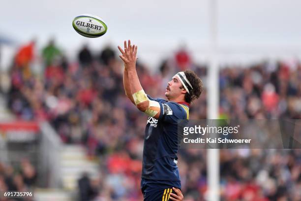 Tom Franklin of the Highlanders wins a lineout during the round 15 Super Rugby match between the Crusaders and the Highlanders at AMI Stadium on June...
