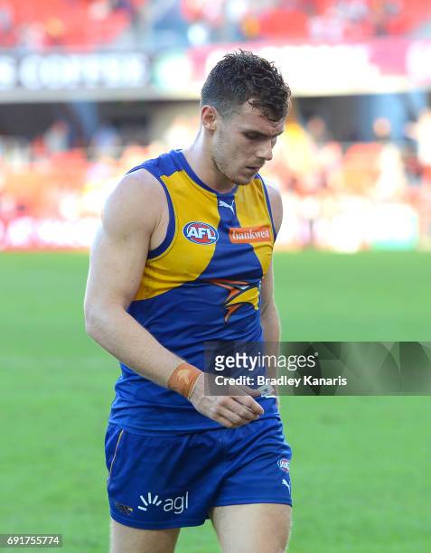 West Coast Eagles player Luke Shuey looks dejected after his team loses the round 11 AFL match between the Gold Coast Suns and the West Coast Eagles...