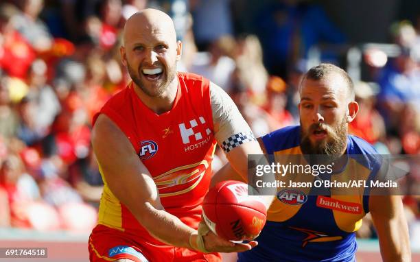 Gary Ablett of the suns in action during the round 11 AFL match between the Gold Coast Suns and the West Coast Eagles at Metricon Stadium on June 3,...