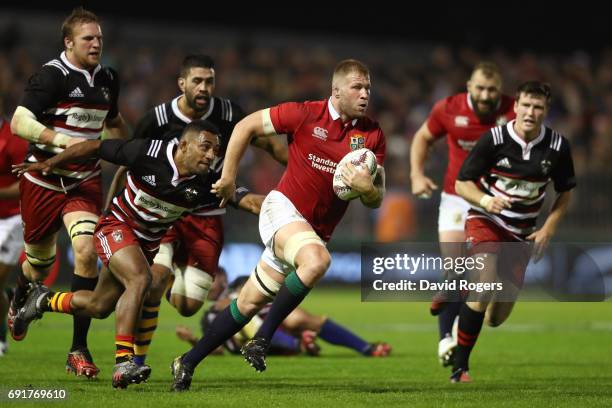 Ross Moriarty of the British & Irish Lions makes a break during the 2017 British & Irish Lions tour match between the New Zealand Provincial...