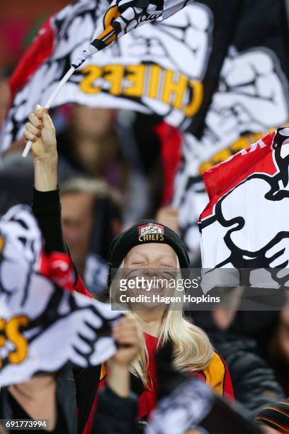 Chiefs fan shows her support during the round 15 Super Rugby match between the Chiefs and the Waratahs at Waikato Stadium on June 3, 2017 in...