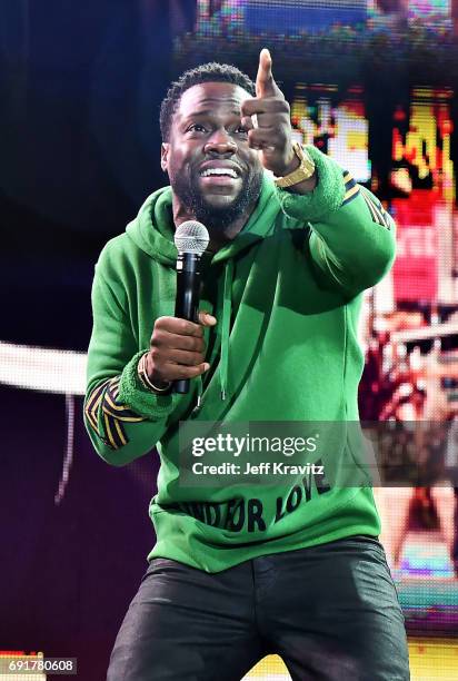 Comedian Kevin Hart performs on the Colossal Stage during the 2017 Colossal Clusterfest at Civic Center Plaza and The Bill Graham Civic Auditorium on...