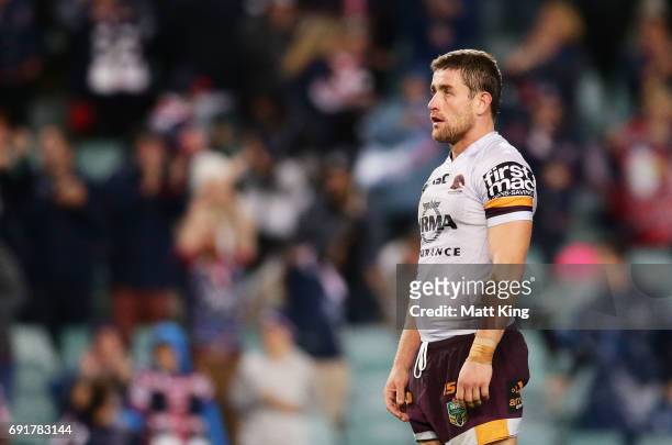 Andrew McCullough of the Broncos looks dejected at fulltime during the round 13 NRL match between the Sydney Roosters and the Brisbane Broncos at...