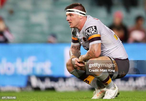 Josh McGuire of the Broncos looks dejected at fulltime during the round 13 NRL match between the Sydney Roosters and the Brisbane Broncos at Allianz...