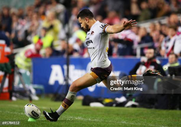 Jordan Kahu of the Broncos misses a conversion attempt that would have levelled the scores in the final minutes during the round 13 NRL match between...