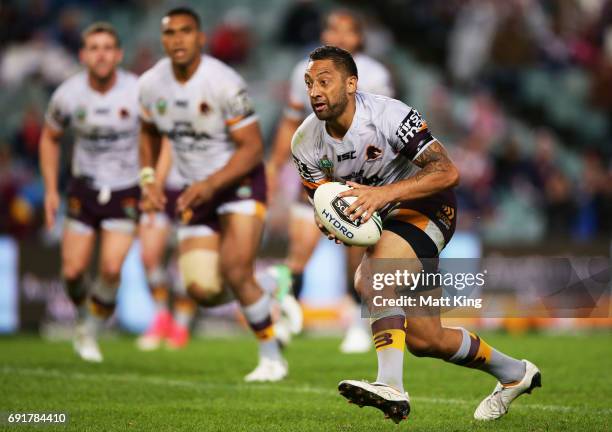 Benji Marshall of the Broncos runs with the ball during the round 13 NRL match between the Sydney Roosters and the Brisbane Broncos at Allianz...