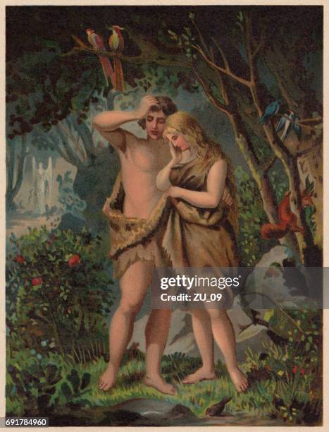 adam und eva sind aus dem paradies, veröffentlicht 1886 angetrieben. - eve stock-grafiken, -clipart, -cartoons und -symbole